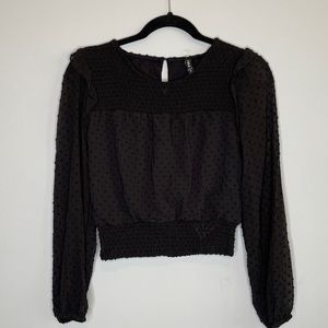 Ladies Black Textured Blouse with Sheer Sleeves Size S